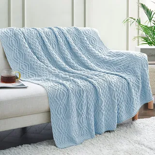 Aormenzy Hellblaue Zopfstrick-Überwurfdecke, weiche und warme Strickdecke, Überwurf für Couch, Bett, Sofa, Wohnzimmer, 127 x 152,4 cm