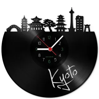 GRAVURZEILE Schallplattenuhr - Skyline Kyoto - Wanduhr aus gegossenem Vinyl mit Stadt Skyline 30 cm - Upcycling Designer Uhr - Moderne Wanduhr im Retro Vintage Style - Made in Germany