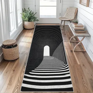 3d Optische Täuschung Teppich Läufer Flur Lang, Schwarz Und Weiß Gestreifter Teppichläufer Flur rutschfest Küchenläufer 80 x 250 cm Waschbarer Flurläufer für Küche, Eingang, Wohnzimmer Schlafzimmer
