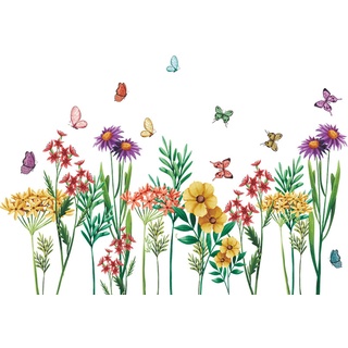 JustYit 1 Stück Wandtattoo Blumen Fensterbilder Sommer Selbstklebend Wandtattoo Schmetterlinge und Blumen Abnehmbare DIY Pflanzen Wandbild für Schlafzimmer Wohnzimmer Wanddeko
