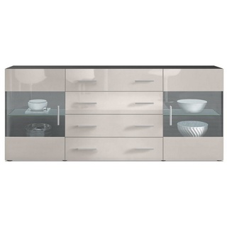 Vladon Sideboard Bari (Kommode mit 2 Türen, 4 Schubladen und 2 flexible Glaseinlegeböden), Schwarz matt/Sandgrau Hochglanz (166 x 72 x 35) grau