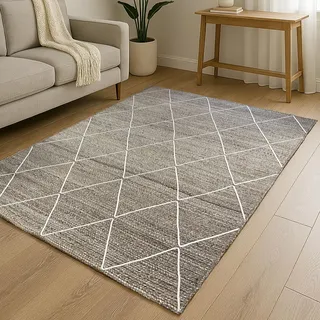 MY-RUG Jute Teppich 80x150 cm | handgewebter Juteteppich in Sisal Optik | flach gewebter Sisalteppich | hangefertigter Wohnzimmerteppich nachhaltig aus Jutefaser | Nordic Line Rautenmuster grau