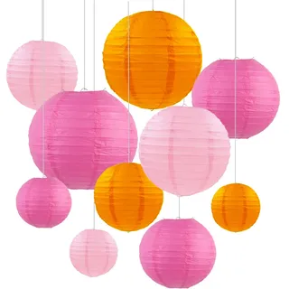 ZYOOO 10 Stück Orange Rosa Papierlaterne Lampion rund Lampenschirm (Set 4 Farben à 25cm, 20cm,15cm,10cm) Lampions Hochzeit,Gartenparty Deko,Bride to Be Deko,Herbst Deko