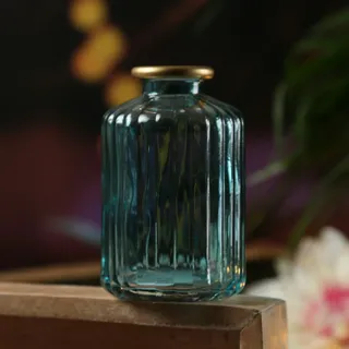 MARELIDA Mini Glas Vase mit Rillen für Blumen Glasflasche mit Goldrand blau