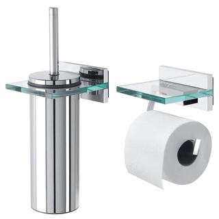 Tiger Safira Kombiset: Toilettenpapierhalter mit Glasablage und Toilettenbürste, Chrom