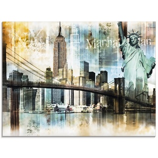 Glasbild ARTLAND "New York Skyline Abstrakte Collage II" Bilder Gr. B/H: 80 cm x 60 cm, Glasbild Amerika Querformat, 1 St., beige (naturfarben) Glasbilder