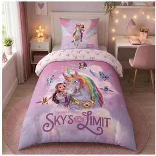 Familando Kinderbettwäsche Unicorn Academy; 100% Baumwolle; Rosa Violett mit Einhorn für Mädchen, Renforcé, 2 teilig, 135x200 80x80cm mit Reißverschluss; Wendebettwäsche bunt