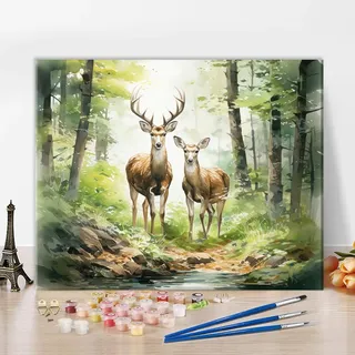 DIY Farbe nach Zahlen für Erwachsene Anfänger Wilder Hirsch Farbe nach Zahl für Erwachsene Leinwand Hirsch im Wald Ölgemälde Kit für Kunst Handwerk Kits Perfekt für Geschenk 40x50cm Ohne Rahmen