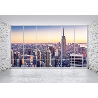 wandmotiv24 Fototapete New York NYC, L 300 x 210 cm - 6 Teile, Wanddeko, Wandbild, Wandtapete, Ausblick, Fenster, Skyline M1133
