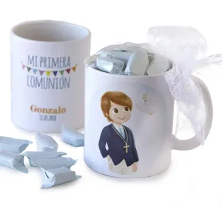 Mopec gd670.3 – Tasse Erstkommunion Porzellan-Kind geschmückt mit Süßigkeiten von Obst in Geschenkbox, Pack 1 Stück