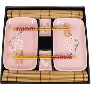 Exzact 10-teiliges Sushi-Set – 2 x Sushi-Teller, 2 x Dip-Schalen, 2 x Bambus-Tischsets, 2 x Bambus-Essstäbchen, 2 Paar Essstäbchen – hochwertiges Porzellan