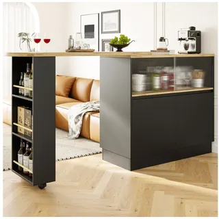 Flieks Bartisch 360° drehbar Stehtisch mit Sideboard (Set, 1-St., mit Rollen und Ablage), ausziehbar Esstisch mit 4 Türen Kommode Bistrotisch schwarz