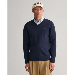 Gant für Herren. 87212 Pullover mit V-Ausschnitt aus sehr feiner navyfarbener Schafwolle (S), Lässig, Marine