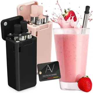 AVANA Trinkhalme wiederverwendbare Edelstahl Strohhalme faltbare Silikon Trinkhalme, (2er Set), BPA-frei, mit Reinigungsbürste und Magnetbox rosa|schwarz