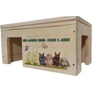 Nagerstore Kaninchenhaus Personalisiert mit Wunschnamen ihrer Hasen mit 2 Eingängen, Stabil, Holzlasur & Aufklappbar / 45x25x22cm