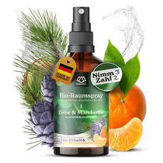 NORDHOLZ® BIO-Raumspray Zirbe-Mandarine 100ml - Zirbenspray - Raumduft | Kissen, Wohnräume, Schlafzimmer & Infrarotkabine · warm & fruchtig · Mit ätherischen Bio Ölen · Made in Bayern
