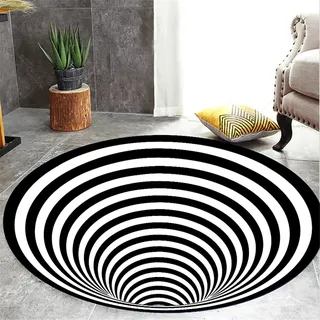 Waschbarer teppich wohnzimmer rund 3d teppich optische täuschung Schwarz-weißer Vortex Illusion Teppich Fußmatten Rutschfester 3D-Trap-Effekt Teppich für Schlafzimmer Arbeitszimmer,120cm/47 inch