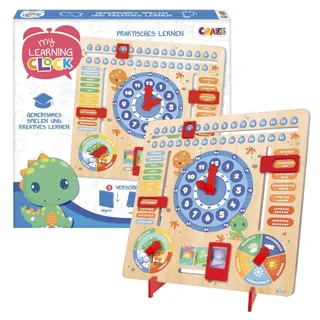 CRAZE My Learning Clock Dino - Lernuhr für Kinder aus Holz, Kalenderuhr zum Lernen für Kinder, Lerntafel Uhr Jahreszeiten Wanduhr, Blau