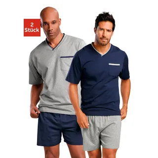 Pyjama LE JOGGER, Herren, Gr. 60/62 (XXL), blau (marine, grau, meliert), Jersey, Obermaterial: 100% Baumwolle, unifarben, Basic, bequem kurz, V-Ausschnitt, abgesteppte Kante, Homewear-Sets Pyjama, mit Brusttasche, Topseller