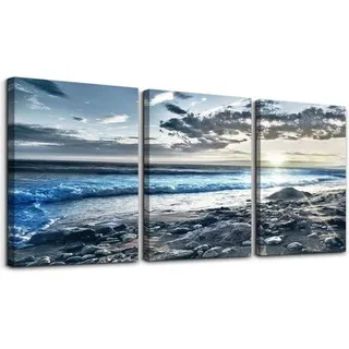 Famanu Leinwandbilder Set von 3 – Zonsopgang Blau Strand – Wanddekoration für Wohnzimmer/Badezimmer/Küche/Schlafzimmer