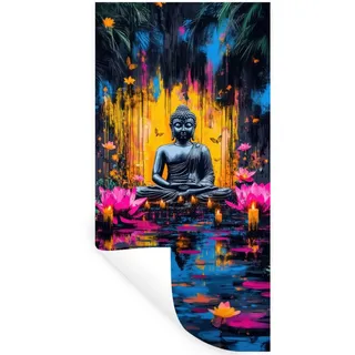 MuchoWow Wandsticker Buddha - Blumen - Kerzen - Gelb (1 St), Wandaufkleber, Repositionierbar, Selbstklebend, 60x120 cm 60 cm x 120 cm x 0.1 cm
