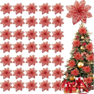 Set Mit 36 Glitzernden, Weihnachtssternförmigen Christbaumkugeln, 4", Künstliche Seidenblumen Für Weihnachtskränze, Festtagsdekoration (rot)