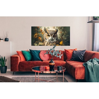 MuchoWow Poster Eule - Vögel - Blumen - Natur, (1 St), Bild für Wohnzimmer, Schlafzimmer, Wandposter, Ohne Rahmen, Wanddeko bunt Rechteckig - 120 cm x 60 cm