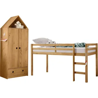 Jugendzimmer-Set LÜTTENHÜTT "Alpi" Schlafzimmermöbel-Sets beige (gebeizt, gewachst) Baby Komplett-Kinderzimmer Hochbett und Kleiderschrank in Hausoptik, perfekt für kleine Räume
