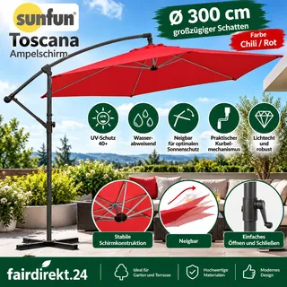 Sunfun Ampelschirm Toscana Ø 300 cm Chili Rot UV 40+ neigbar mit Plattenständer
