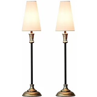 LOBERON Tischlampe 2er Set Obsonville, schlanke, hohe Form, klassischer Tütenschirm, Tischleuchte, Wohn-Accessoire, Mangoholz, Eisen, Baumwolle, silber/schwarz/creme