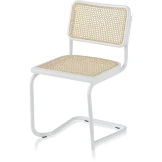 KHG Schwingstuhl Freischwinger weiß - Rückenlehne und Sitzfläche aus Massivholz Buche und Rattan - Esszimmerstuhl, Küchenstuhl Design Stuhl mit Wiener Geflecht