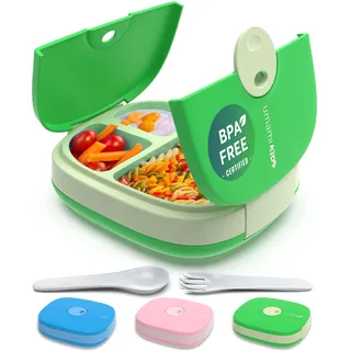 Umami Kids Lunch Box mit Besteck,auslaufsicher,langlebig,Bento-Stil,3 große Fächer,ideale Portionsgrößen für 3 bis 9 Jahre,Kita-Jungen und Mädchen,BPA-frei, mikrowellen- und spülmaschinenfest, Grün