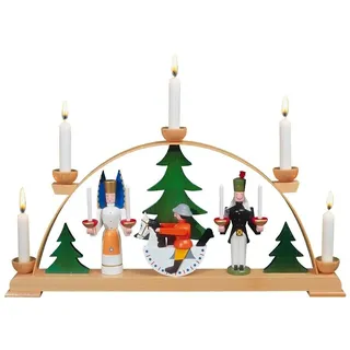 Albin Preissler Schwibbogen mit Engel, Bergmann und Reiterlein, Handwerkskunst aus dem Erzgebirge, Weihnachtsdeko aus Holz beige|bunt