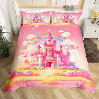 Homewish Rosa Mädchen Schloss Bettbezug 135x200 Cartoon Schloss Bettwäsche Set Nette Prinzessin Schlafzimmer Dekor Tröster Abdeckung Rustikale Rose Floral Regenbogen Bettbezug Träume Thema Bettwäsche