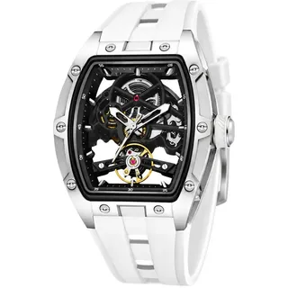 S&T Design Automatikuhr Armbanduhr Herren Uhr Edelstahl Silikon Skelett Skelleton, (inkl. Geschenkbox, Schnalle), Mechanisch 50M Wasserdicht Rechteckig