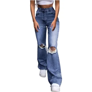 FUZUAA Jeans für Damen Hohe Taille All-Matching Jeans Damen Lässige Lose Hosen Zerrissene Jeans Damen Weites Bein Schlaghose Lose Hochtaillierte Jeanshose Y2k 90er Jahre Hosenhose