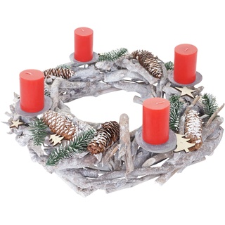 Adventskranz XXL rund, Weihnachtsdeko Tischkranz, Holz Ø 48cm weiß-grau - mit Kerzen, rot
