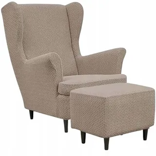 Domidekor Ohrensessel Überzug & Ottoman Schonbezug - Sesselbezug Stretch + Polsterhocker Beige - Strandmon Sessel Bezug und Hockerbezug - Elastisch Samt Velour Schmutzabweisend - Oeko-Tex 100