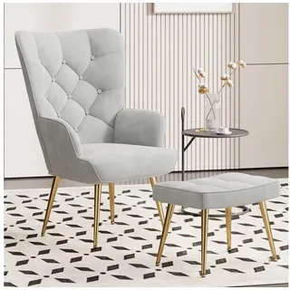LuxusKollektion Ohrensessel Sessel Polsterstuhl Hocker Metallbeine Wohnzimmer Graue mit Hocker grau