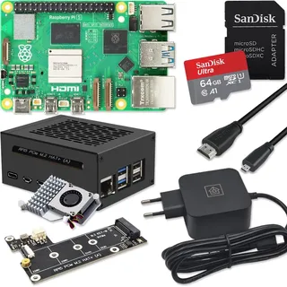 Raspberry Pi 5 8GB PCIe M.2 NVMe - Kit | Metallgehäuse | Active Cooler | M.2 NVMe SSD PCIe Board | USB-C 27W Netzteil | 4K Micro HDMI Kabel | Ideal für Home Assistant