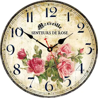 Toudorp Retro Küchenuhr 30cm, Lautlose Vintage Wanduhr, Holz Rosa Rosen