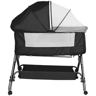 HUOLE 3 in 1 Beistellbett & Babywiege & Reisebett, 4-stufig Höhenverstellbares Babybett, neigbar, Kinderbett, Stubenwagen für Babys bis 25kg belastbar-104 * 52 * 100-110 cm – schwarz
