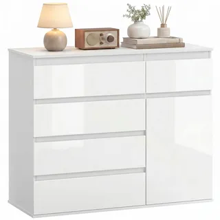 HOMCOM Kommode mit 5 Schubladen, Sideboard Hochglanz Weiß, Schubladenschrank mit verstellbarem Regal und Soft-Close-Tür, für Wohnzimmer und Schlafzimmer, 100 x 40 x 80 cm