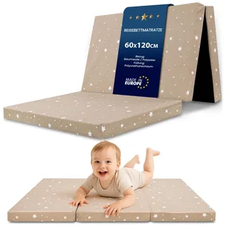 Klappmatratze faltbare Reisebett Baby Matratze 60x120 cm - Faltmatratze für Kinder Gästematratze klappbar Babymatratze Bodenmatratze Schlafmatratze und Reisematratze 60 x 120 cm Beige mit Weiß Sternen