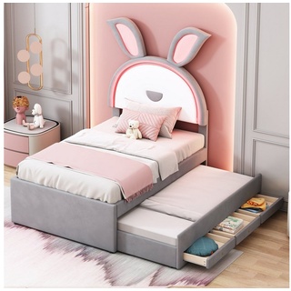 Flieks Polsterbett, LED Kinderbett 90x200cm mit Schubladen/ausziehbarem Bett 90x190cm Samt grau
