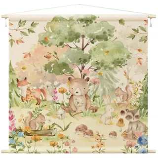 Bilderdepot24 Wandteppich Kinderzimmer modern Wald Aquarell Natur Tiere Bär bunt, quadratisch, Höhe: 2.6 mm, großes Wandbild aus Natur-Baumwolle Wandbehang Stoffbild Tuch Wollseil bunt quadratisch | 90 cm x 90 cm x 2.6 mm