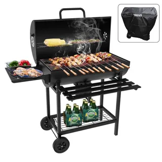 TEENO Grill Grillwagen BBQ Smoker Holzkohlegrill mit Deckel,Brathähnchen-Gestell,Rädern,Edelstahl-Griff,Grillrost und Thermometer - Schwarz