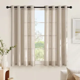 NICETOWN Leinen Gardinen Kurz Boho Vorhänge Halbtransparente Ösenvorhang | Kammelbraun, H145 x B140 cm, 2er Set, Modern Scheibengardinen, Vorhänge mit Ösen für Küche, Badezimmer, leichter Leinenstoff
