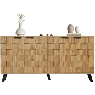 OKWISH Sideboard 160x35,5x78 cm mit 4 Türen, verstellbaren Einlegeböden, Stauraumschrank, modernes Design, Holzfarbe, Wohnzimmer, Esszimmer