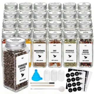 Gewürzgläser Set [24 X 120ml] Mit 384 Etiketten,Gewürz Organizer Mit Deckel | Gewürzdosen Glas, Gewürzbehälter Gewürzstreuer, Spice Jars Mit Etiketten, Streueinsatz, Reinigungsbürste, Trichter, Stift